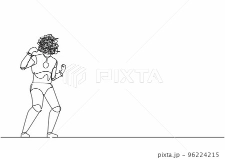 Single continuous line drawing robot with round scribbles instead of head. Angry annoyed robot with clenched fists. Aggressive mood. Future technology. One line draw graphic design vector illustration Single continuous line drawing robot with round scribbles instead of head. Angry annoyed robot with clenched fists. Aggressive mood. Future technology. One line draw graphic design vector illustration 96224215