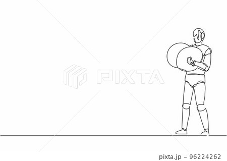 Single one line drawing robot musician playing cymbals percussion musical instrument. Future technology development. Artificial intelligence. Continuous line draw design graphic vector illustration Single one line drawing robot musician playing cymbals percussion musical instrument. Future technology development. Artificial intelligence. Continuous line draw design graphic vector illustration 96224262
