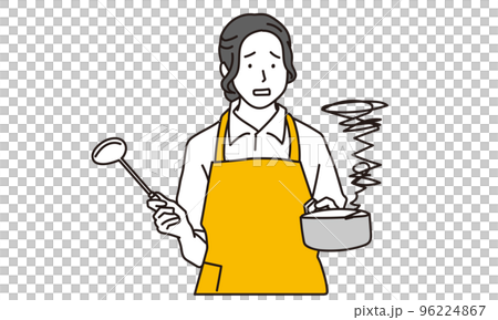 A woman wearing an apron who fails to cook A woman wearing an apron who fails to cook 96224867