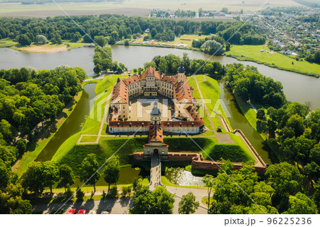 Top view of the Nesvizh Castle and the park in the summer.Belarus 96225236