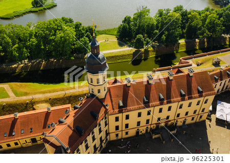 Top view of the Nesvizh Castle and the park in the summer.Belarus 96225301