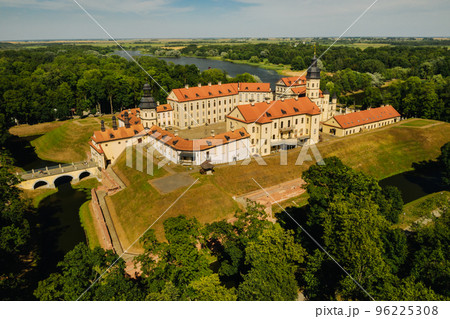 Top view of the Nesvizh Castle and the park in the summer.Belarus 96225308