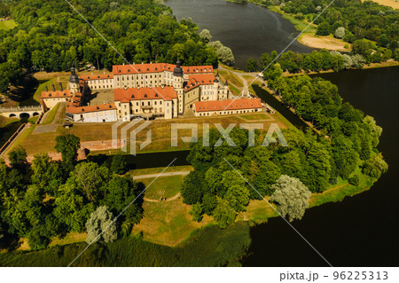 Top view of the Nesvizh Castle and the park in the summer.Belarus 96225313