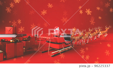 Santa Claus on sleigh with reindeer ready to distribute christmas presents on red background with golden snow flakes 96225337