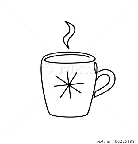 Warm or hot winter drink in a mug with snowflake. Cup of hot coffee or tea with steam symbol. Outline vector illustration. Line art, minimalistic style 96225338