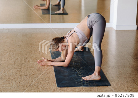 The girl does yoga. A woman in sports clothes does yoga exercises in the gym The girl does yoga. A woman in sports clothes does yoga exercises in the gym 96227909