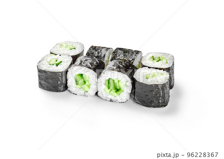 Pieces of vegetarian norimaki rolls with cucumbers wrapped in rice and nori 96228367