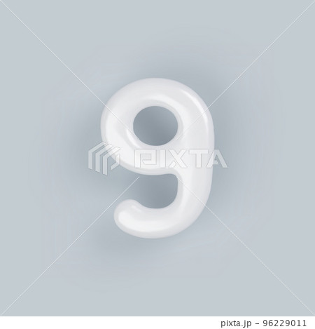 3D White plastic number 9 with a glossy surface on a gray background. 96229011