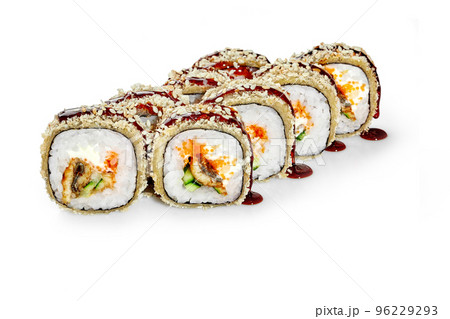 Tempura rolls with eel, cream cheese, tobiko, cucumbers, unagi sauce and sesame Tempura rolls with eel, cream cheese, tobiko, cucumbers, unagi sauce and sesame 96229293