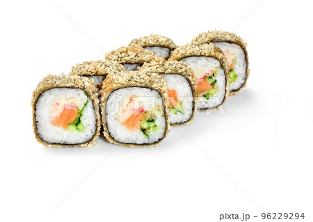 Tempura rolls with salmon, crab meat, cucumbers and lettuce 96229294