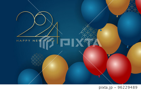 Happy New Year 2024 Elegant gold text with balloons and confetti. Realistic vector illustration 96229489
