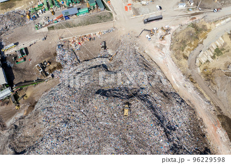 Aerial view of large landfill. Waste garbage dump, environmental pollution Aerial view of large landfill. Waste garbage dump, environmental pollution 96229598