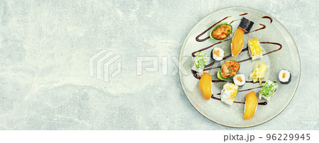 Set of colorful Japanese sushi roll, copy space 96229945