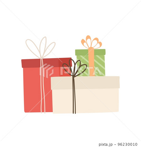Gift boxes in wrapping paper and ribbon isolated on white background. Merry Christmas and Happy New Year design. Flat vector illustration. Presents for holiday, birthday. Gift boxes in wrapping paper and ribbon isolated on white background. Merry Christmas and Happy New Year design. Flat vector illustration. Presents for holiday, birthday. 96230010