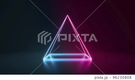 Blue and pink neon glowing pyramid stand in darkness 96230808