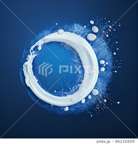 Milk splash isolated on blue background. Natural dairy product, yogurt or cream in crown splash with flying drops. Realistic illustration 96230809