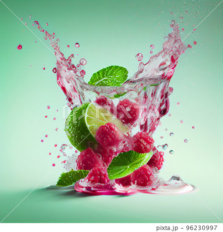 Fresh fruits, berries falling in water splash. Water with berries. 96230997