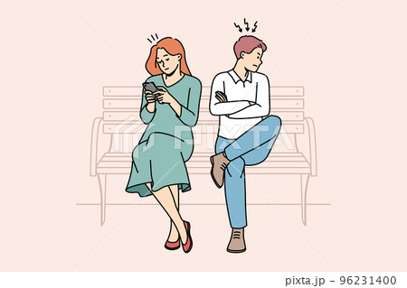 Angry man turn from mad woman using cellphone  96231400