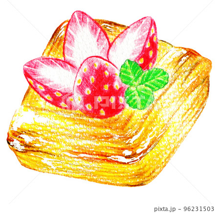 苺の乗ったデニッシュの色鉛筆画ワンポイント 96231503