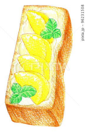 黄桃の乗った食パンの色鉛筆画ワンポイント 96231508