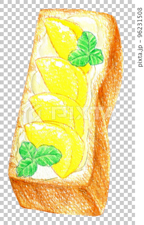 黄桃の乗った食パンの色鉛筆画ワンポイント 96231508