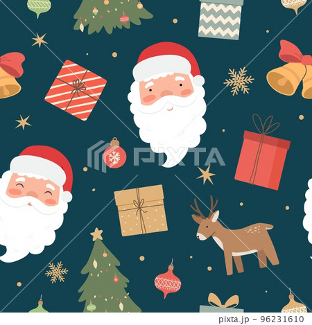 Christmas seamless pattern with Santa Claus, deer, xmas tree, gift boxes. Wrapping paper, textile, greeting cards. Vector illustration 96231610