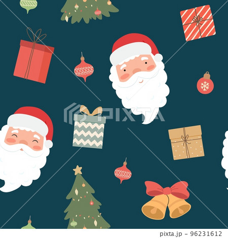 Christmas seamless pattern with Santa Claus, deer, bell, gift boxes. Wrapping paper, textile, greeting cards. Vector illustration 96231612