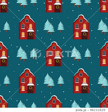 Seamless pattern with cute houses with a bright roof on the snow, light in the windows and chimneys. Merry holiday print, New Year and Christmas decorations. Winter and festive background Seamless pattern with cute houses with a bright roof on the snow, light in the windows and chimneys. Merry holiday print, New Year and Christmas decorations. Winter and festive background 96231620