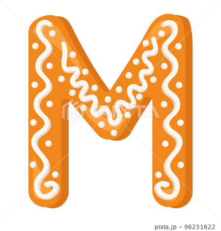 Letter M made from glazed gingerbread. Festive font, symbol of Happy New Year and Christmas, sign and letters of different shapes. Vector flat illustration Letter M made from glazed gingerbread. Festive font, symbol of Happy New Year and Christmas, sign and letters of different shapes. Vector flat illustration 96231622