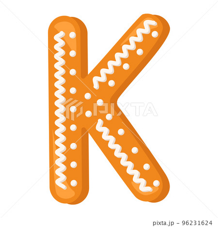 Letter K made from glazed gingerbread. Festive font, symbol of Happy New Year and Christmas, sign and letters of different shapes. Vector flat illustration Letter K made from glazed gingerbread. Festive font, symbol of Happy New Year and Christmas, sign and letters of different shapes. Vector flat illustration 96231624