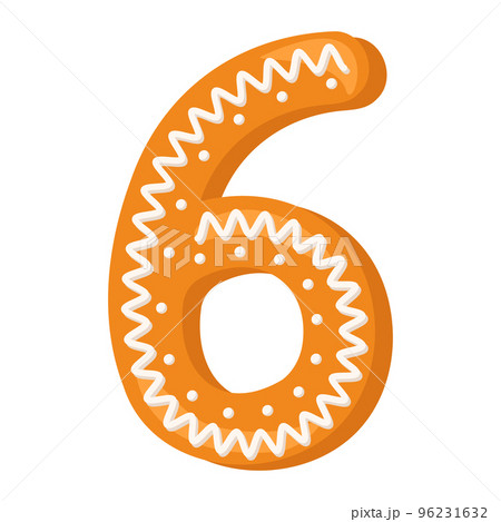 Number six made from glazed gingerbread. Festive font, symbol of Happy New Year and Christmas, sign and numeral of different shapes. Vector flat illustration 96231632