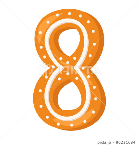 Number eight made from glazed gingerbread. Festive font, symbol of Happy New Year and Christmas, sign and numeral of different shapes. Vector flat illustration 96231634