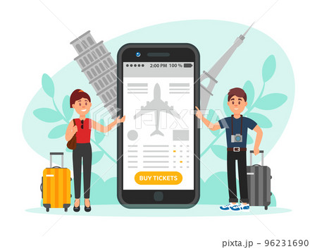 Man and Woman Couple Traveler with Suitcase Near Smartphone App Buying Plane Tickets Engaged in Tourism Vector Illustration Man and Woman Couple Traveler with Suitcase Near Smartphone App Buying Plane Tickets Engaged in Tourism Vector Illustration 96231690