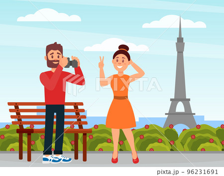 Man and Woman Couple Traveler Taking Photo with Eiffel Tower Engaged in Tourism Vector Illustration Man and Woman Couple Traveler Taking Photo with Eiffel Tower Engaged in Tourism Vector Illustration 96231691
