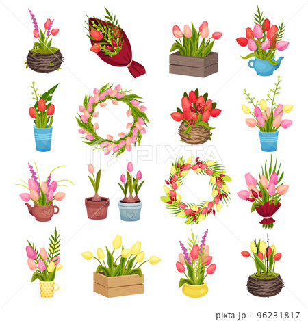 Tulip Flower Composition with Wreath, Pot and Vase Big Vector Set 96231817