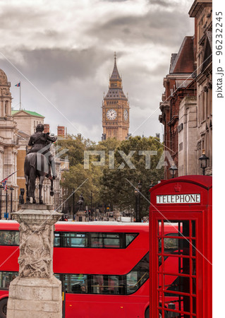 View from the Trafagar square to Big Ben with double decker bus and booth in London, England, UK 96232245
