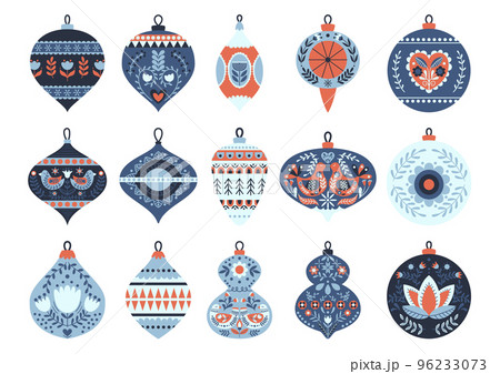 Set of Various Christmas Tree Toys in Cute Scandinavian Folk Style. Isolated Xmas Baubles and Decoration Ornate Elements 96233073
