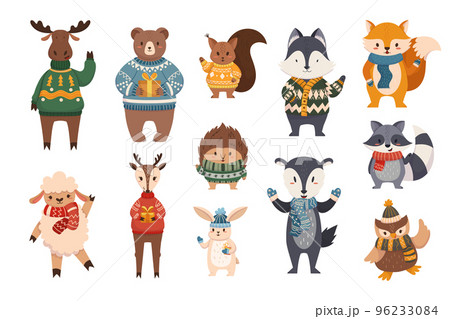 Christmas Animals Waving Hands, Cartoon Characters Fox, Reindeer, Bear and Raccoon with Hedgehog and Owl Illustration 96233084