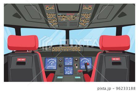 Pilot Cockpit, Captain Airplane Cabin with Dashboard, Chairs and Window. Modern Passenger Plane Interior 96233188