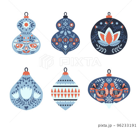 Set Christmas Tree Decoration in Traditional Scandinavian Folk Style. Xmas Baubles and Toys Cute Funny Decor Isolated Set Christmas Tree Decoration in Traditional Scandinavian Folk Style. Xmas Baubles and Toys Cute Funny Decor Isolated 96233191