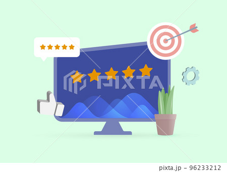 Giving Five Star Feedback, Customer Satisfaction Rating 3D vector, CSAT concept. Net Promoter Score, Customer Effort Score, Review and recommendations flat vector icon 96233212