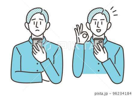 スマホを見て悩む&考える若い男性と、解決して笑顔の若い男性セット【ベクターイラスト素材】 スマホを見て悩む&考える若い男性と、解決して笑顔の若い男性セット【ベクターイラスト素材】 96234184