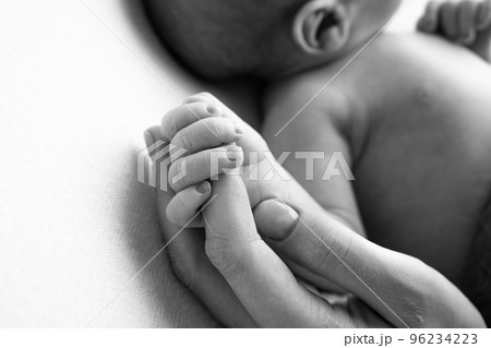 Close-up little hand of child and palm of mother and father. The newborn baby has a firm grip on the parent's finger after birth. A newborn holds on to mom's, dad's finger. Black and white photo. 96234223