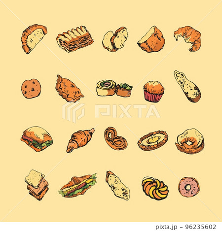 Coloured hand drawn pen sketch of bread and bakery goods. Set of clipart elements 96235602