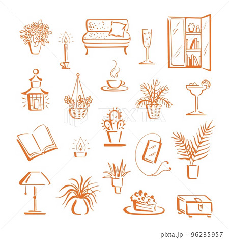 Home hygge, relax ambience with things for stay-at-home leisure and indoor lifestyle. Collection of cute doodle objects Home hygge, relax ambience with things for stay-at-home leisure and indoor lifestyle. Collection of cute doodle objects 96235957