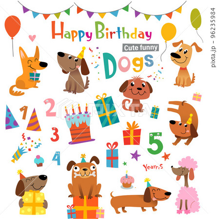 Funny cartoon dogs and design elements for birthday card Funny cartoon dogs and design elements for birthday card 96235984