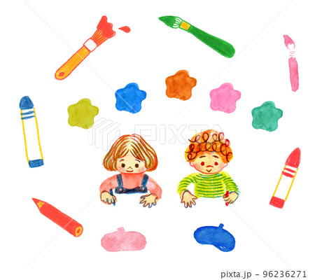 絵画教室に通う子供と画材 96236271