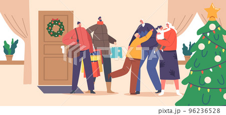 Family Characters Joyous Meeting. Happy Grandchildren Visiting Grandparents Concept. Father, Mother and Kids Rejoice 96236528