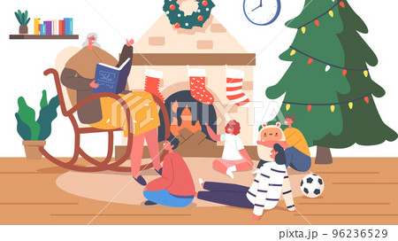 Children Listen Christmas Stories, Granny Sit on Armchair Read Book to Little Girls and Boys Characters near Fire Place 96236529