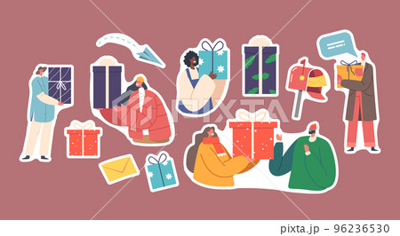 Set Stickers Male and Female Characters Giving Presents to Each Other and Sending by Mail on Winter Holidays Celebration 96236530